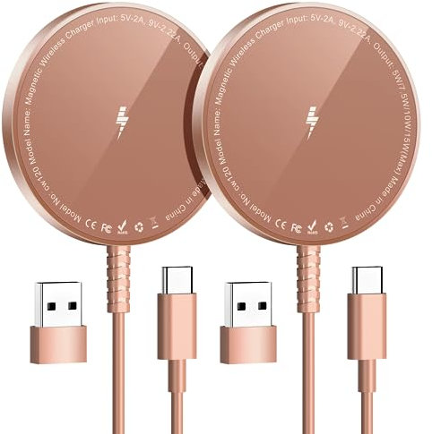 Mag-Safe Ladegerät für iPhone Ladestation: Magnet Wireless Charger Induktive Kabelloses Ladepad Kompatibel mit iPhone 17 Air 16e 16 15 14 13 12 und Air-Pods 4-2 Pro (Ohne Netzteil, 2 Stück Rose Gold)
