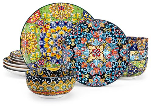 vancasso 12-teiliges Geschirr set, SIMI Geschirrset 4 Personen aus Porzellan, Tafelservice 4 Personen mit Speiseteller, Dessertteller, Suppenteller und Schalen, Boho Geschirrset