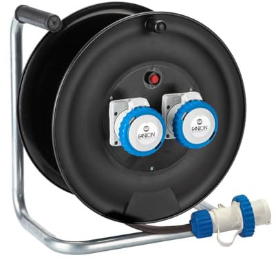 FANTON 14626 Avvolgicavo industriale, cavo 30 metri, spina 3 poli 220V CEE con 2 prese blu 16A, cantiere, campeggio, giardino, camper, caravan, per esterni, resistente all'acqua IP67