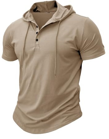 MakingDa Athletic Short Sleeve Hoodie Men Fashion Workout Gym Pullover Hooded Shirt Button Muscle Fit Summer Sweatshirt Lightweight Hip Hop Running Boxing Hiking Sport Hoodys Shirts Khaki XL