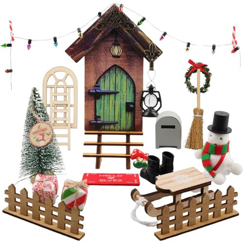 WDJLNZB 24 Pezzi Porta per Elfo Natale Accessori, Porta Gnomo Set Natalizio, Casa Elfo Natale in Miniatura con Scopa, Albero di Natale, Porta Elfo Natale Kit per Addobbi Natalizi Regali (Verde)