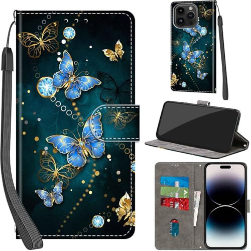 PHINIENLAND For iPhone 15 Pro Max Leather Wallet Case,Flip Protective Book Cover with Card Holder,Stand Wrist Strap Magnetic Flip Cover Compatible with for iPhone 15 Pro Max Case -Blue Butterfly