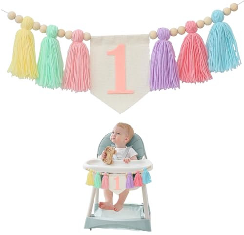 Goiern Hecho a mano Boho 1st Cumpleaños Trona Bandera Fiesta Decoración para Niñas Baby Shower Colgador de Pared Decorativo para Habitación Infantil