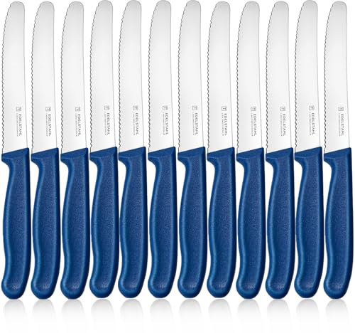 targzier Profi Tomaten- und Tafelmesser 12 Stück, Extra Scharfe Klinge Brötchenmesser,Frühstücksmesser Wellenschliff 22.4 cm,Edelstahl Brotzeitmesser,Vespermesser,Kunststoffgriff Messer,Blau