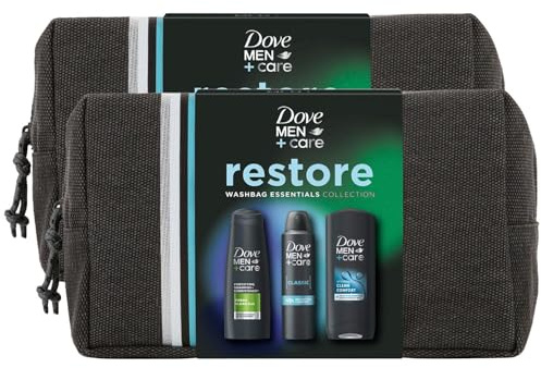 Dove Men+Care Restore Collection Clean Comfort 3in1 Body Wash 250ml, 2in1 Shampoo & Conditioner 250ml and Classic Antiperspirant 200ml Gift Set for Him with Wash Bag,2pk