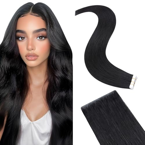 Silk-co unsichtbare Tape Extensions Echthaar, Tape in Extensions Echthaar 10stk 20g, Echthaar Extensions Tape, Invisible Haarverlängerung Echthaar Rabenschwarz 30cm