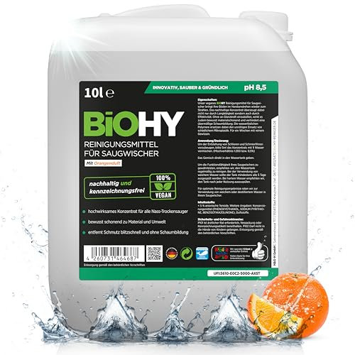 BiOHY Reinigungsmittel für Saugwischer mit Orangenduft (10 Liter Kanister) | 1:200 Konzentrat für alle Nass-Trockensauger | ideal für Fliesen, PVC, Parkett, Laminat & Teppich | streifenfreier Glanz