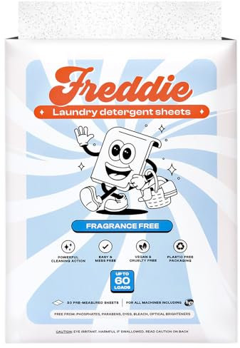 Freddie Hojas de detergente para ropa, sin fragancia, sin perfume, 60 cargas (30 hojas), tiras concentradas ecológicas sin líquido