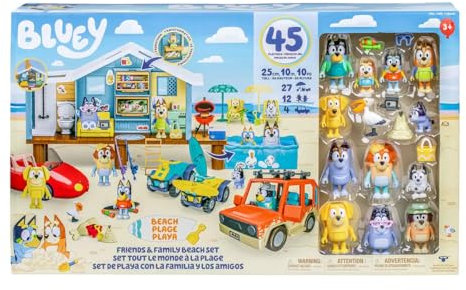 Bluey Friends & Family Beach Set - Casa de juego de 45 piezas Ultimate Mega Set, grande, incluye hoja de calcomanías, set de playa con la familia y los amigos