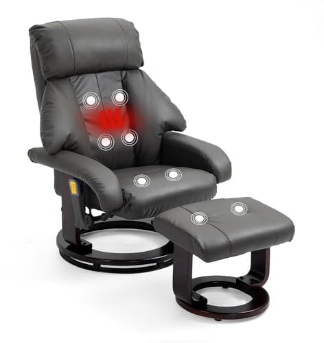 Mingone Fernsehsessel mit Hocker Massagesessel Relaxsessel mit Liegefunktion Elektrisch Wärmefunktion TV-Sessel für Wohnzimmer 360°Drehbar Kunstleder,Grau