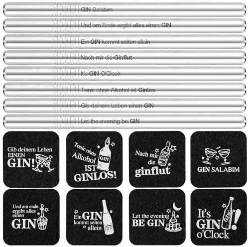 XIAONIU Gin Geschenkset Untersetzer Gin 8 Stück + 21.5cm 304 Edelstahl Strohhalme 8 Stück, 8 lustige Sprüche, für Ginfans Ginliebhaber und Gintrinker