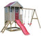 Wendi Toys M30R Spielhaus für Garten mit Doppelschaukel, Kletterplattform & 175 cm Rutsche, 290 x 405 x 242 cm, Rot – Nachhaltiges Stelzenhaus für Kinder mit Sandkasten & Terrasse