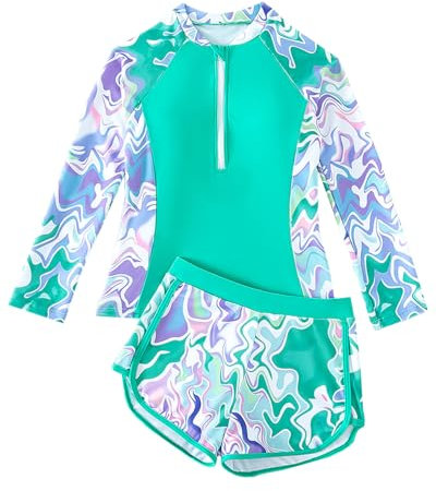 JiAmy Girl Swimsuits with Shorts, Two Piece Girls Swimming Costume,Long Sleeve Kids Swimwear Zip Rash Guard Bathing Suit Green 10-11 Years