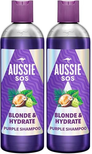 Aussie SOS Blonde and Hydrate Purple Shampoo 300ml for Bleached, Highlighted and Grey Hair, neutralise Brassy, Yellow Tones on Blonde, Highlighted and Silver Hair, boost Brightness, Softness and Shine