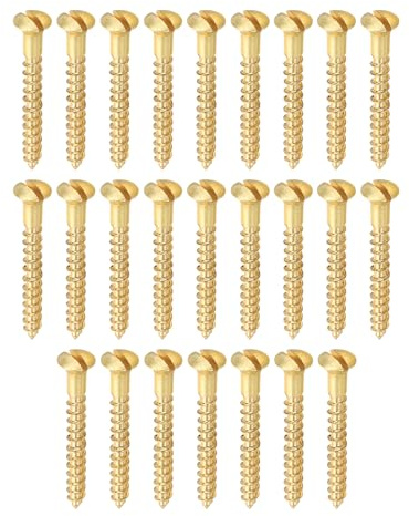 PATIKIL M3.5 x 30mm Slotted Wood Screw, 25 Pack Solid Brass Oval Head Flat Head Self Tapping Screws for Wood Furniture Connecting, Gold Tone
