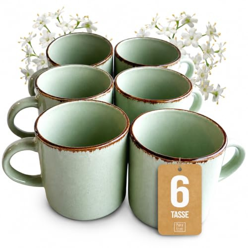 Steingut kleine Tassen 6 Pers. Rustic Hochwertiges Landhausstil TEST SEHR GUT Tassen Set, Spülmaschinen-, Mikrowellen- und Kratzfest - Stylisches Tee- und Kaffeebecher Set - Pure Living in Grün