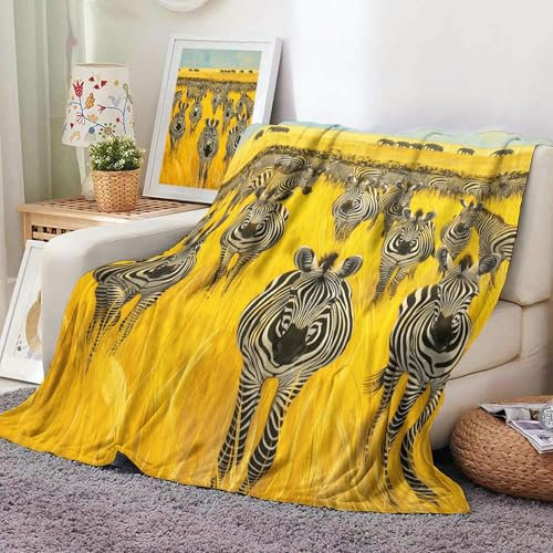 Kuscheldecke Flauschig - Zebra Fleecedecke, Sofadecke, Gelbes Grasland Tagesdecke, Weiche Warme Flanell Decken für Zuhause, Büro, Reisen, Zelten, Gelb-130x150cm