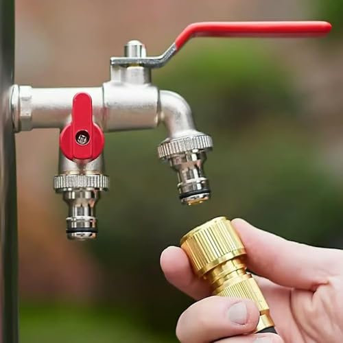 Double Outside Tap Kit, 90 Degree Angle Double Valve Brass Water Tap, Double Outlet Garden Tap, 1/2 Red Handle Faucet, Universal Water Tap for Garden, Household Industry