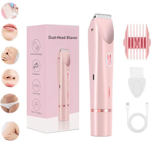 Vamaro Intimrasierer, Vamaro Rasierer Damen, Gesichtshaarentferner Intimrasierer Für Frauen, 2-in-1 Nass-Trocken-Rasierer Mit Doppelkopf Für Bikinizone, Achseln, Beine (Rosa)