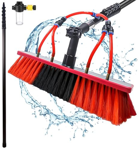 YFSMBD Brosse Télescopique Toiture en Fibre de Carbone - 10m - Perche de Nettoyage avec Raccord d’Eau et Réservoir de Savon - Tuyau 20m pour Panneaux Solaires, Toits et Vérandas - 35cm Brosse