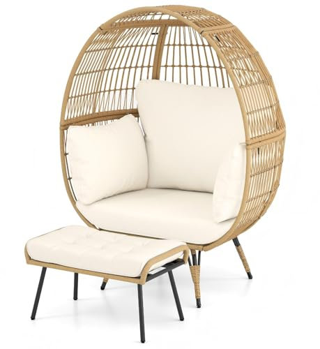 LIFEZEAL Eierstuhl Rattan, Korbsessel mit Kissen, Gartenliege Rattansessel Ei-Form mit Metallrahmen, Rattanstuhl für Terrasse, Hinterhof, Wohnzimmer, Belastbar bis 205 kg (Mit Hocker, Gelb)