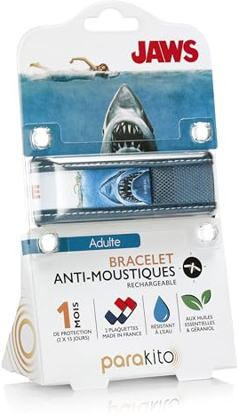 PARAKITO - Bracelet Anti-Moustiques Réutilisable - 2 Plaquettes Incluses aux Huiles Essentielles - 1 Mois de Protection - Sans DEET - Taille Adulte (Les Dents de la Mer)