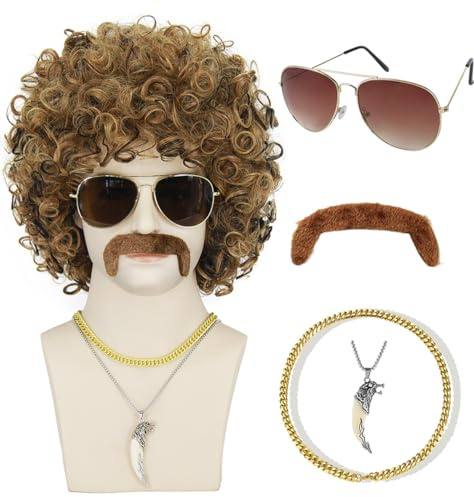 Puzgaqy 6pcs Set Vokuhila Perücke Herren 70er 80er Jahre Outfit Herren Disco Kostüm mit Zubehör Afro Perücke für 70er Jahre Fasching Karneval Halloween (Blond/Braun) PU006M