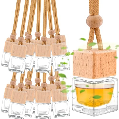 50 Pcs Car Diffuser Bottles, 8ml Empty Hanging Glass Air Freshener Bottles | Square, Wooden Caps, Adjustable Ropes, Car Hanging Diffuser Bottles Bulk for Essential Oils, Perfume, DIY Fragrance Gifts