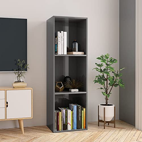 Yunovire Bücherregal Hochglanz-Grau, 36x30x114cm Holzwerkstoff, 3 Fächer, vielseitiger Schrank für Wohnzimmer, Büro, Medien