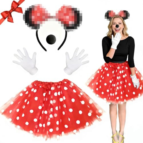 THTHEU Mini Maus Kostüm Damen, Kostüm Damen, Maus Ohren mit roter Schleife, Kostüm Erwachsene mit Mini Mouse Ohren Haarreif Rock Rot Nase Handschuhe Schwanz Schleife Minimaus Kostüme Damen