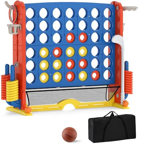 COSTWAY 4 in 1 Forza 4 Gigante, Set di Gioco 4 in Fila con Lancio degli Anelli, Canestro da Basket, Palla, Mazza da Golf, Porta Bicchieri, Borsa e Tasca a Rete, Forza 4 Regolabile in Altezza (Blu)