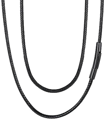 FaithHeart Mens Leather Necklace, 2mm/3mm Wax Rope Braided Leather Cord Necklaces 16/18/20/22/24/26/28/30 inches, Men's Black Rope Necklace(Gift Wrapped)