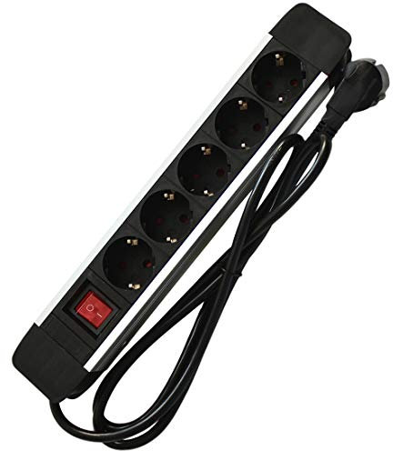 Heitech Alu Steckdosenleiste 5-Fach - Mehrfachsteckdose, Steckerleiste, mit Schalter TÜV/GS-Zeichen, 1,4 m Zuleitung