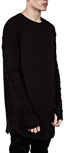 Mens Hip Hop Basic Longline Thumb Hole Cuffs Long Sleeve T-Shirt Basic Tee - Black - Large