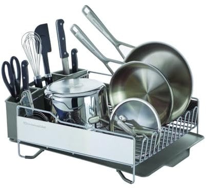 KitchenAid Escurridor de Platos de Gran Capacidad Resistente a la corrosión con Tabla de Drenaje en ángulo y Organizador extraíble para Cubiertos, Color Gris Claro