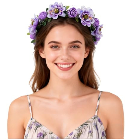 June Bloomy Ros blomma löv krona brud gloria pannband med justerbart band, lavendel,