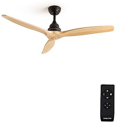 CREATE / WINDWOOD/Ventilador de techo negro aspas madera natural con mando / 75W, Silencioso, Ø132 cm, 3 velocidades, temporizador, 2 alturas