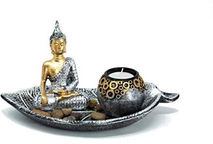 Buddha Set mit Blattschale Teelichthalter Dekofigur inklusive Deko-Steinen zur Meditation