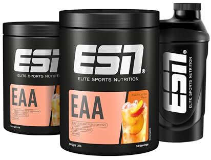ESN EAA, Peach Iced Tea + Gratis ESN Shaker, 2 x 500 g, feines Amino-Pulver mit 8 essentiellen Aminosäuren, ideale Löslichkeit, vegan - made in Germany