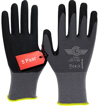 GUARD 5 - Nylonhandschuhe - 5 Paar Gr.9 - Nyloflex Arbeitshandschuhe - Damen & Herren - beschichtete Bauhandschuhe Arbeitshandschuhe Schutzhandschuhe Montagehandschuhe | EN 388