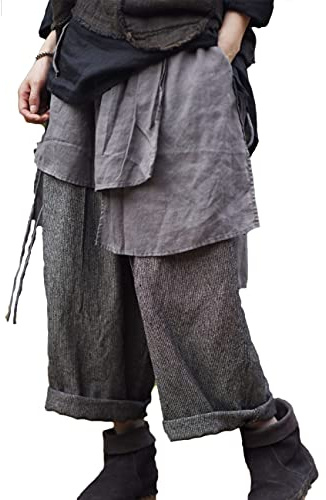 NFYM Women Wide Leg Pants Linen Irregular Patch Layered Elastc Waist Loose Vintage Ankle-Length Patchwork Retro Cropped Trousers (Grey, One Size)