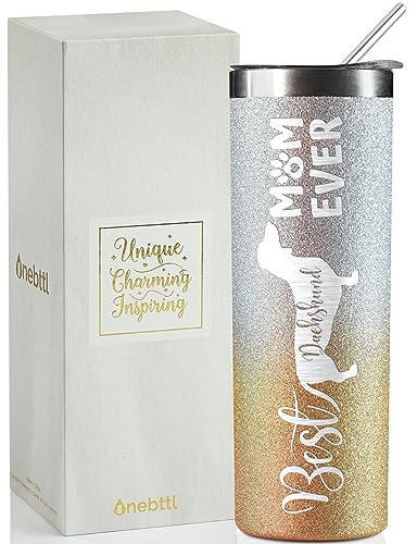 Onebttl Dachshund Gifts, Best Dachshund Mom Ever, Gifts for Wiener Dog Lovers, Women, Girls, Friends, Daughters, Coworkers, Stainless Steel Tumbler 590ml, Glitter Gold & Silver