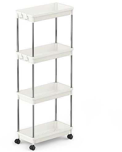 Lifewit Slim Storage Trolley for Narrow Space Bathroom Laundry Room Kitchen, 4 Tier Slide-Out Rolling Trolley Organiser Rack Shelf Cart with Wheels for Space-Saving Organization, Easy Assembly, White