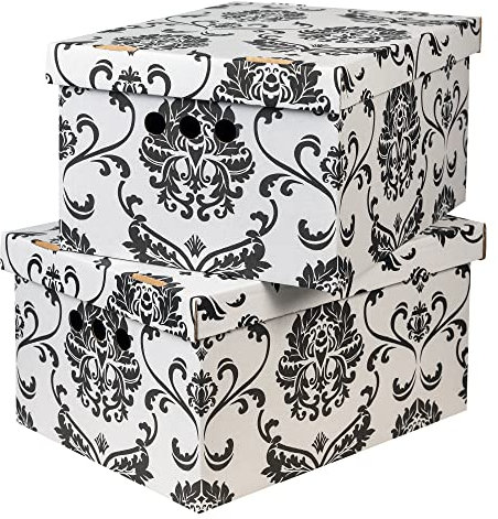 SOFTILLO Cardboard Storage Boxes with Lid, Decorative Wardrobe, Closet, Home & Office Organiser with Handle, Flat-Packed, Stackable File Box, Gift for Adults & Kids, Set of 2, Large - Black Garden