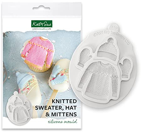 Katy Sue Knitted Sweater, Hat & Mittens Silicone Mould for Christmas Cake Decorating & Craft. Christmas Jumper 65 x 65, Hat 30 x 30, Mittens/Gloves 30 x 20 Millimetres for Fondant & Clay, UK-Made.