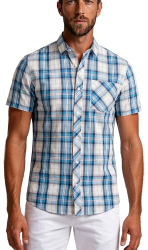 Xact Mens Cotton Checked Shirt - Short Sleeved (Nerva - Blue) M