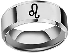 OAKKY Unisex Mode 12 Konstellation Sternzeichen Biker Ring Edelstahl Astrologie Abgeschrägte Kanten Geschenk Löwe Silber Größe 70 (22.3)