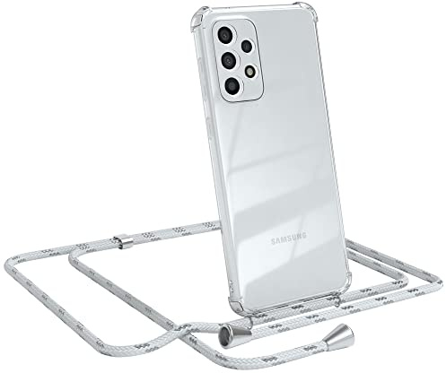 EAZY CASE Handykette kompatibel mit Galaxy A33 5G Handyhülle mit Umhängeband, Handykordel mit Schutzhülle, Silikonhülle, Hülle mit Band, Stylische Kette für Smartphones, Weiß/Silber