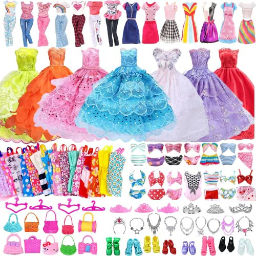 WanderGo 63 PCS Doll Clothes and Accessories Compatible with doll, Include 5 Wedding Gown Dresses, 10 Suspender Skirts, 2 Fashion Skirts, 2 Top Pants, 2 Bikinis, 20 Shoes for 11.5 inch Dolls