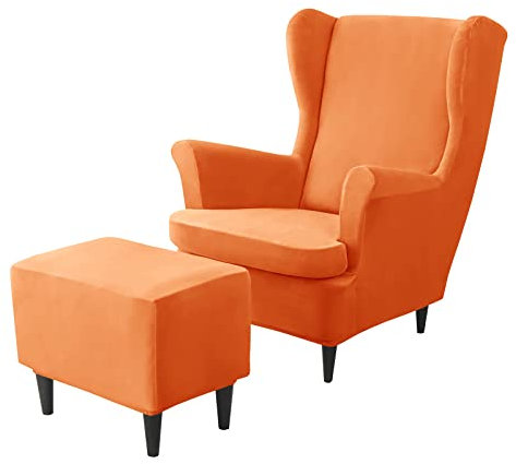 JHLD Stretch Husse für Ohrensessel Mit Ottomane Schonbezug, Samt Husse für Ohrensessel 2 Stück Ohrensessel Schonbezug 1 Stück Ottomane Bezug -Orange-3 Stück
